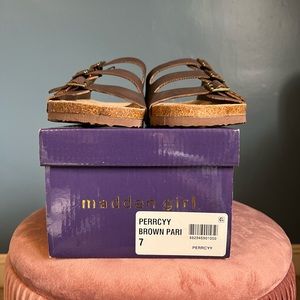 Madden Girl brown three strap slides